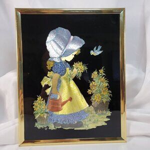 VTG 1951 Holly Hobbie Foiled Picture Tinsel Wall Art With Gold Frame Americana
